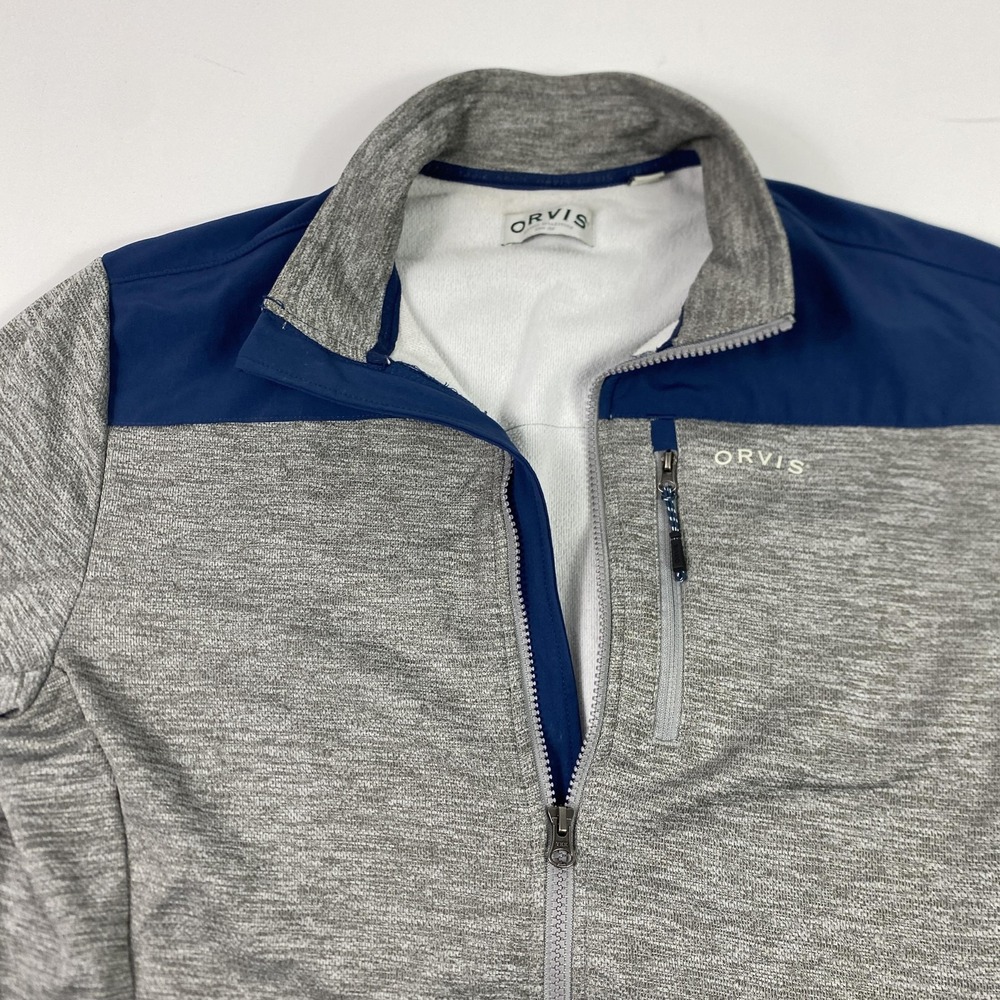 Orvis Jacket Mens Large Gray Navy Full Zip Fleece Hybrid Zip Pockets Outdoors